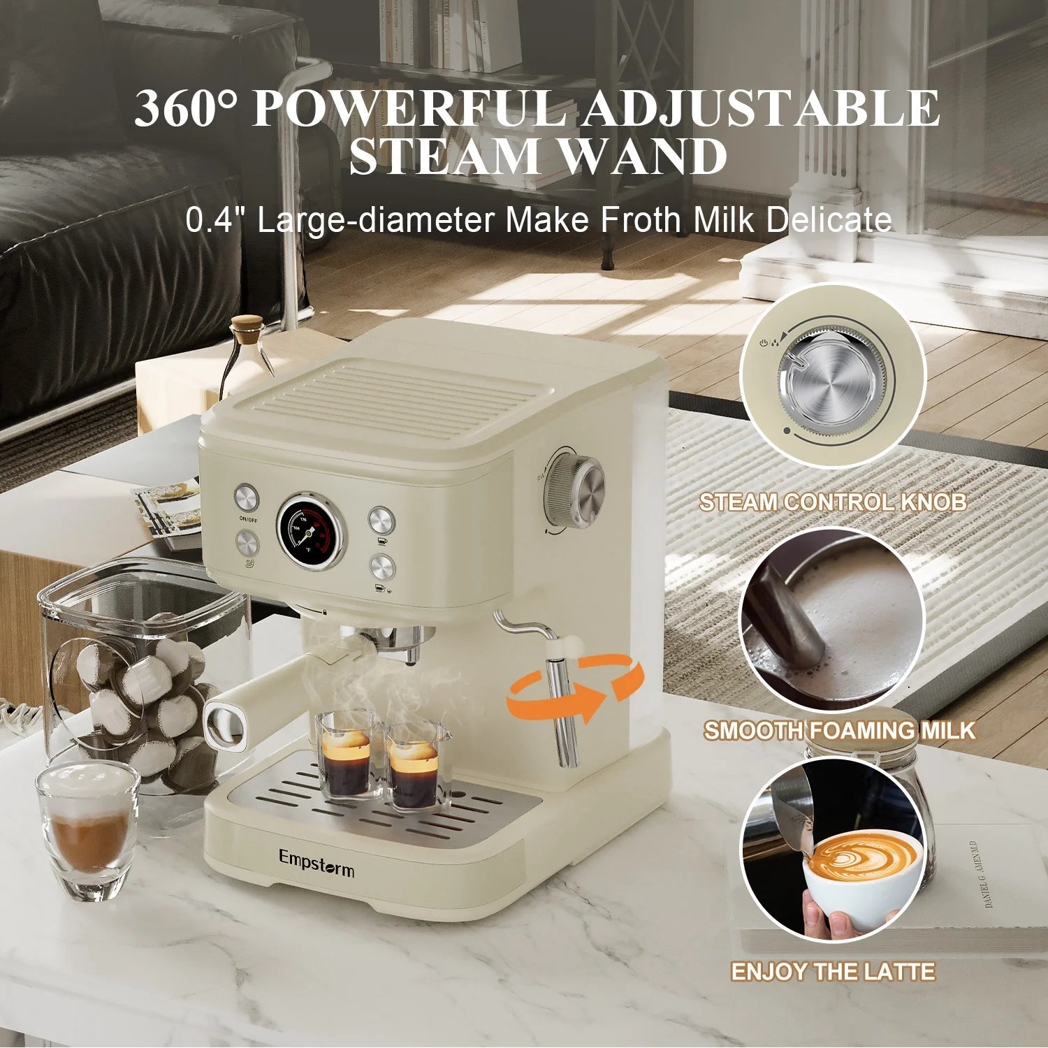 Empstorm 20-Bar Espresso Machine: 2-in-1 Cappuccino Maker with Milk Frother Steam Wand, Compatible with NS Original Capsules for Home and Commercial Use, Beige
