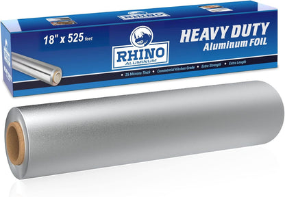 Rhino Heavy-Duty Commercial Grade Aluminum Foil - 18" x 525 ft Roll, 25 Microns Thick, Perfect for Food Service Applications (Single Roll)