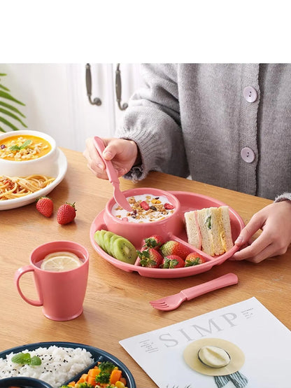 WORTHBUY Reusable Round Dinner Plate With Fork Spoon Kitchen Dinnerware Divided Plates For Adults Children Microwave Safe Dish