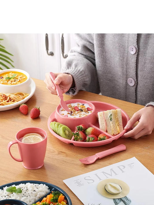 WORTHBUY Reusable Round Dinner Plate With Fork Spoon Kitchen Dinnerware Divided Plates For Adults Children Microwave Safe Dish