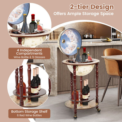 17-Inch Italian-Style Wooden Globe Liquor Bottle and Wine Rack with Wheels