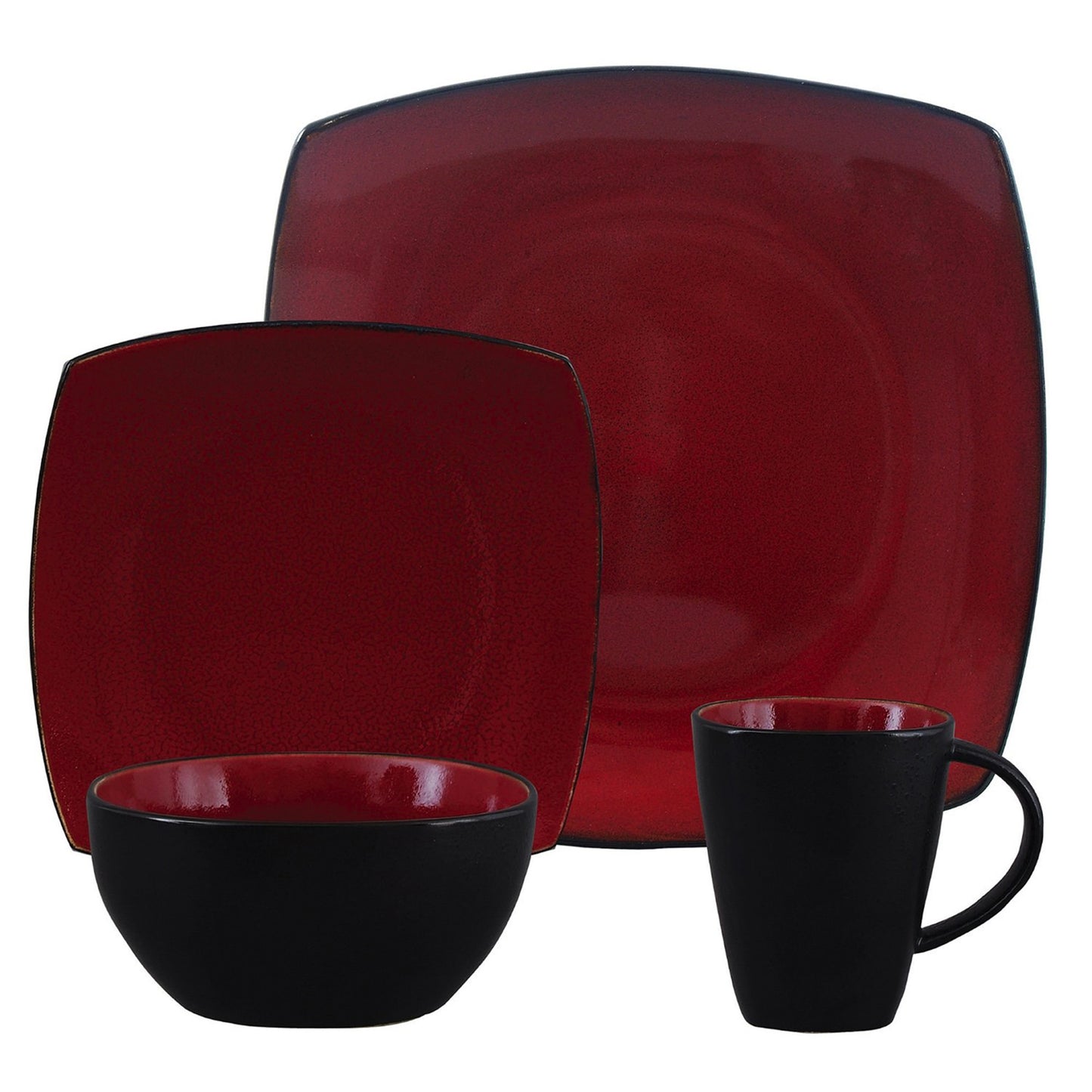 Gibson Soho Lounge 16 Piece Square Stoneware Dinnerware Set in Red and Black - Elegant and Luxurious Dining Experience