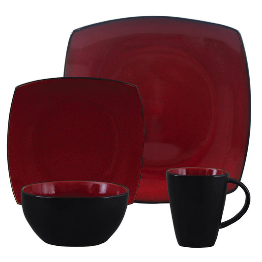 Gibson Soho Lounge 16 Piece Square Stoneware Dinnerware Set in Red and Black - Elegant and Luxurious Dining Experience