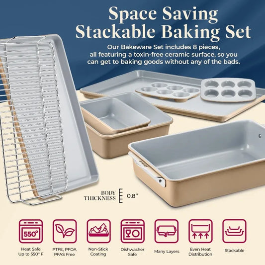 8-Piece Stackable Bakeware Set - Ceramic Non-Stick Coating, Baking Sheets, Assorted Baking Pans, PTFE, PFOA & PFOS Free