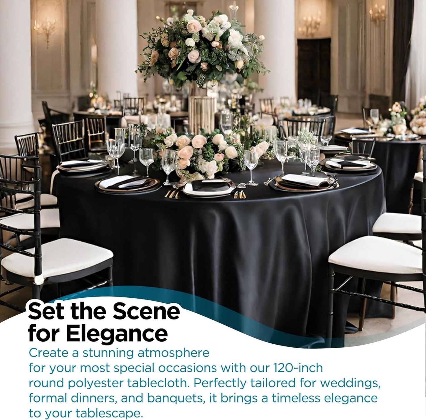 10-Pack of 120-Inch Round Black Polyester Tablecloths - Durable, Machine Washable, and Wrinkle-Resistant Linens for 8-Foot Tables - Ideal for Weddings, Banquets, Restaurants, and Events