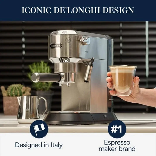 Dedica EC680M, Espresso Machine, Coffee and Cappucino Maker with Milk Frother, Metal / Stainless, Compact Design 6 in Wide