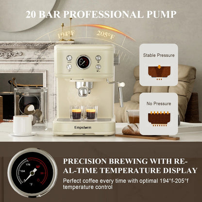 Empstorm 20-Bar Espresso Machine: 2-in-1 Cappuccino Maker with Milk Frother Steam Wand, Compatible with NS Original Capsules for Home and Commercial Use, Beige