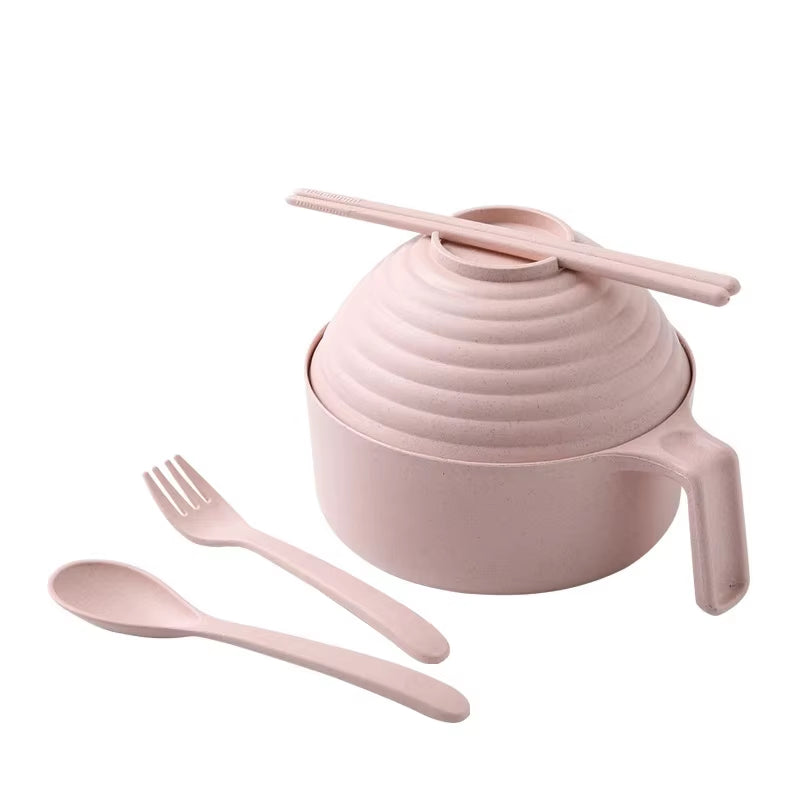 5-Piece Wheat Straw Multifunctional Dinnerware Set with Lid, Spoon, Fork, and Chopsticks - Microwavable Anti-Hot Bowls