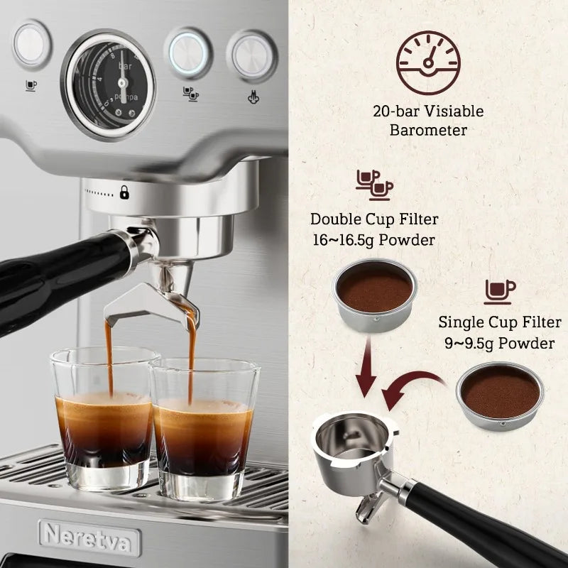 15 Bar Espresso Machine with Milk Frother Steam Wand for Cappuccino, Latte, Macchiato, 1450W Professional Coffee Machine