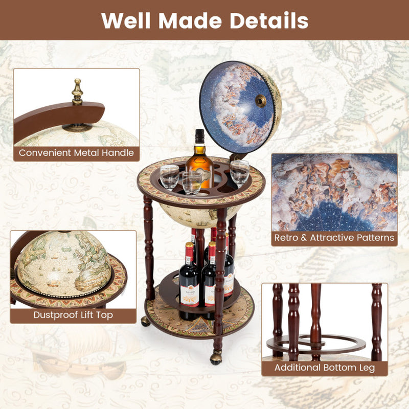 17-Inch Italian-Style Wooden Globe Liquor Bottle and Wine Rack with Wheels