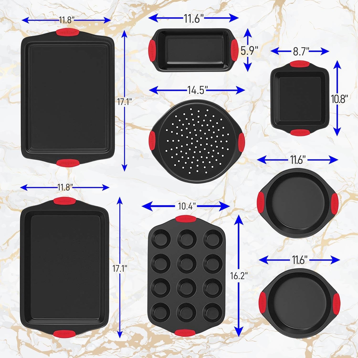 Nutrichef Deluxe Non-Stick Baking Pans Set - 8 Piece Commercial Grade Bakeware with Stylish Gray Coating and Red Silicone Handles
