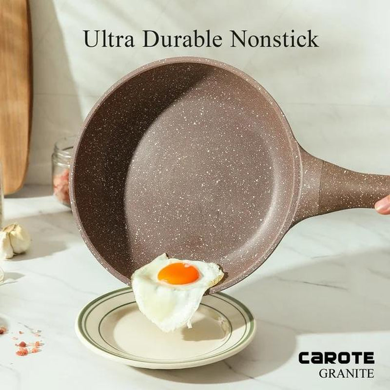 [Official] CAROTE 10Pcs Nonstick Cookware Sets, Brown Granite Pans and Pots Set, Induction Stone Kitchen Cooking Set Ceramic Frying Frying Pan Lid