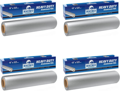 Rhino Heavy-Duty Aluminum Foil Roll - 18" x 525 ft (Pack of 4) - 25 Microns Thick, Commercial Grade for Food Service Industry