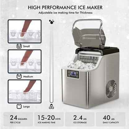 Electric Countertop Ice Maker 40-Lb Ice per Day Countertop or Portable Cubed Ice Maker (Silver)