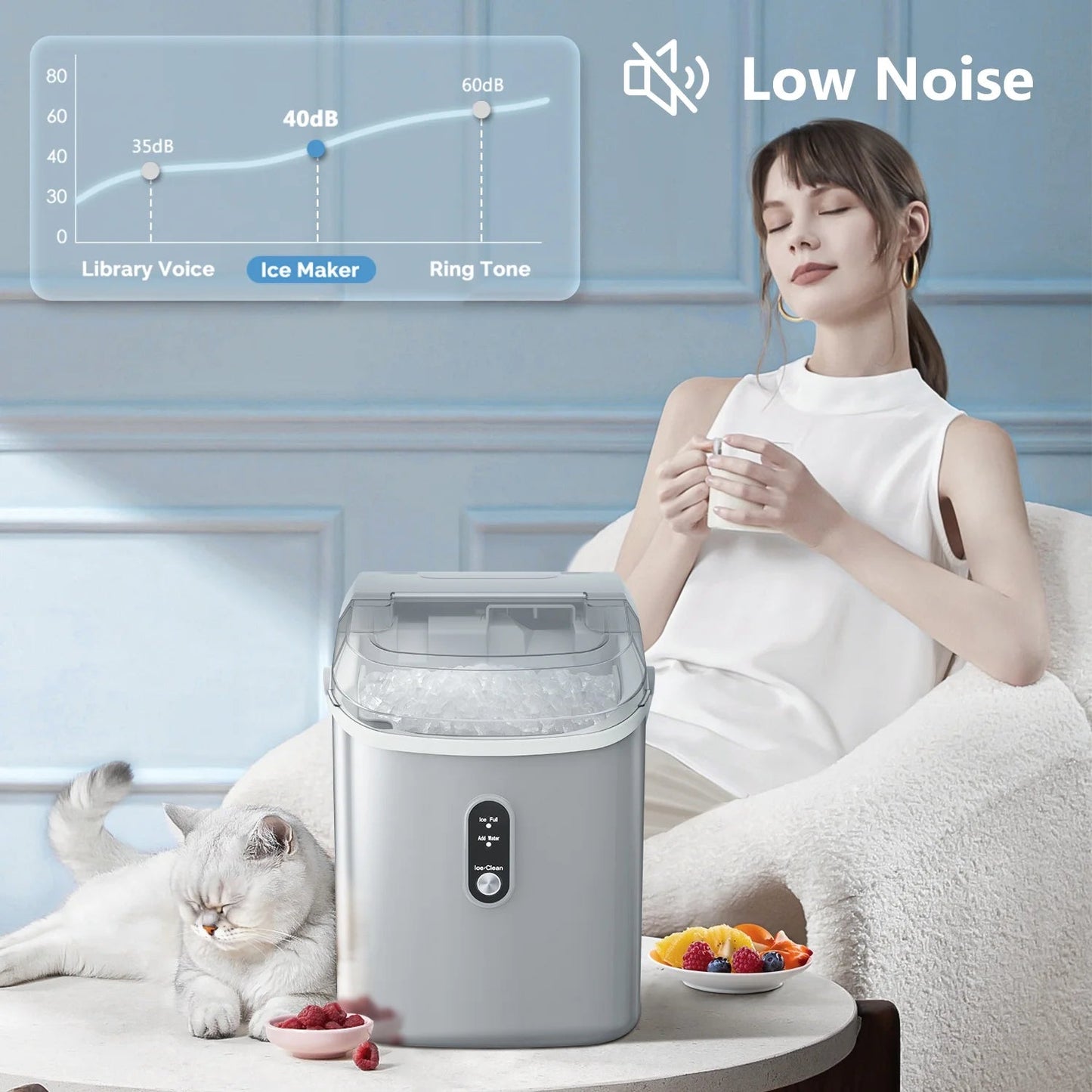 Auseo Countertop Nugget Ice Maker - 35 lbs/24 hrs, Self-Cleaning with Ice Basket, Shovel, and Handle - Ideal for Home, Office, and Parties - Gray