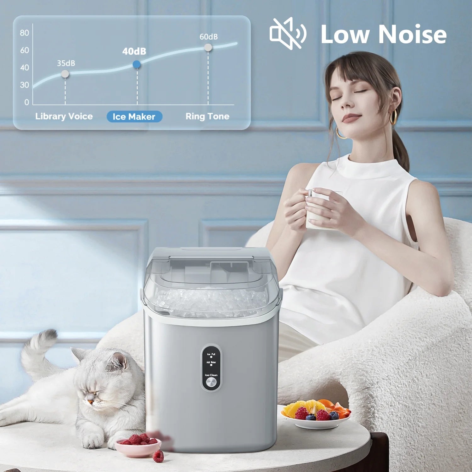 Auseo Countertop Nugget Ice Maker - 35 lbs/24 hrs, Self-Cleaning with Ice Basket, Shovel, and Handle - Ideal for Home, Office, and Parties - Gray