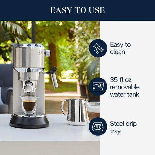 Dedica EC680M, Espresso Machine, Coffee and Cappucino Maker with Milk Frother, Metal / Stainless, Compact Design 6 in Wide