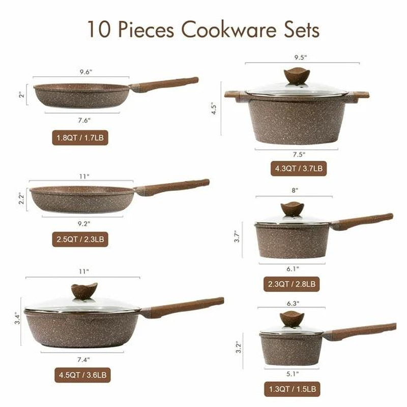 [Official] CAROTE 10Pcs Nonstick Cookware Sets, Brown Granite Pans and Pots Set, Induction Stone Kitchen Cooking Set Ceramic Frying Frying Pan Lid