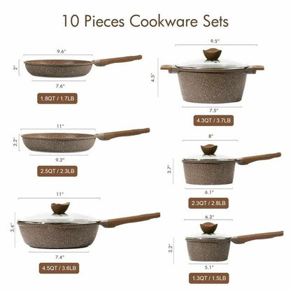 [Official] CAROTE 10Pcs Nonstick Cookware Sets, Brown Granite Pans and Pots Set, Induction Stone Kitchen Cooking Set Ceramic Frying Frying Pan Lid