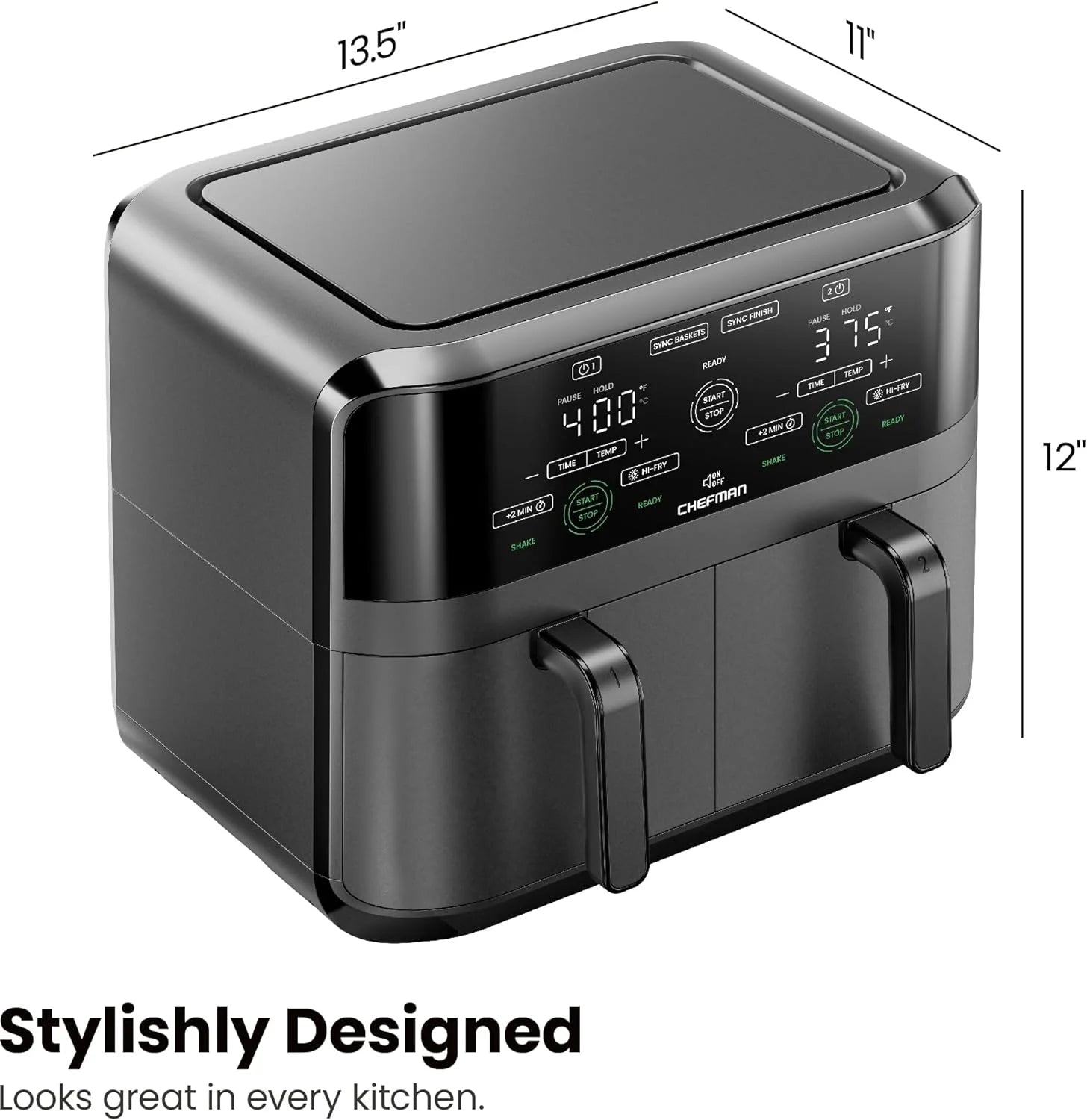 Chefman Dual Basket Air Fryer with Digital Touchscreen, Two Independent 3 Qt Baskets, Sync Finish - Black