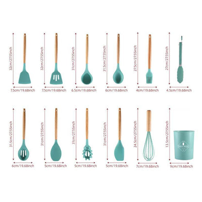 Silicone Kitchen Utensil Set, 12Pcs/Set Non-Stick Wooden Handle Durable Kitchen Cooking Utensil Set with Utensil Holder, Multifunctional Practical Food Grade Cookware for Baking Home