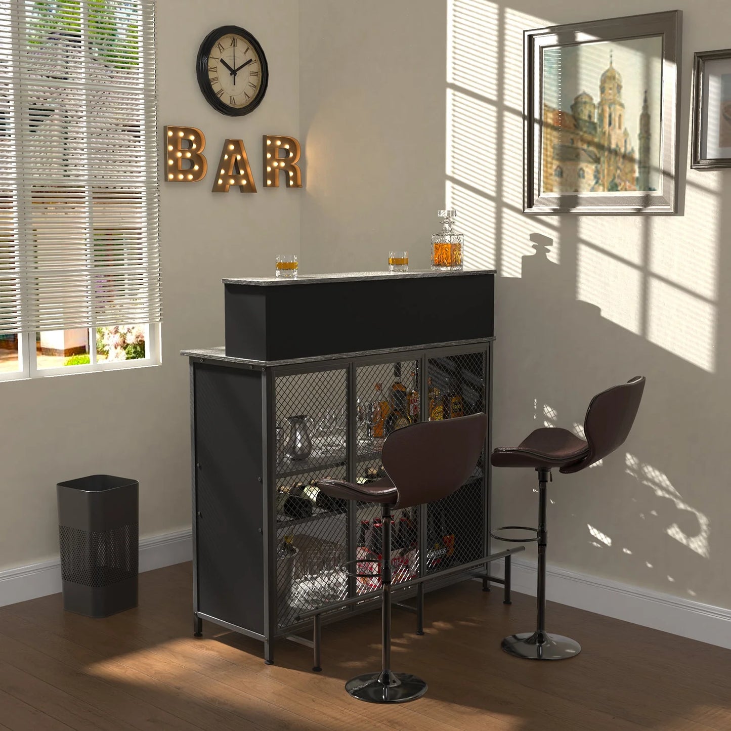 Stylish GDLF Mini Home Bar Cabinet with Storage & Footrest in Wood Gray