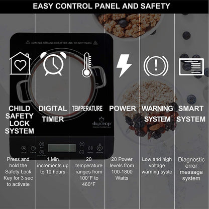 Duxtop 1800W Portable Induction Cooktop with LCD Touch Control - Elegant Black Countertop Burner Model 9610LS BT-200DZ