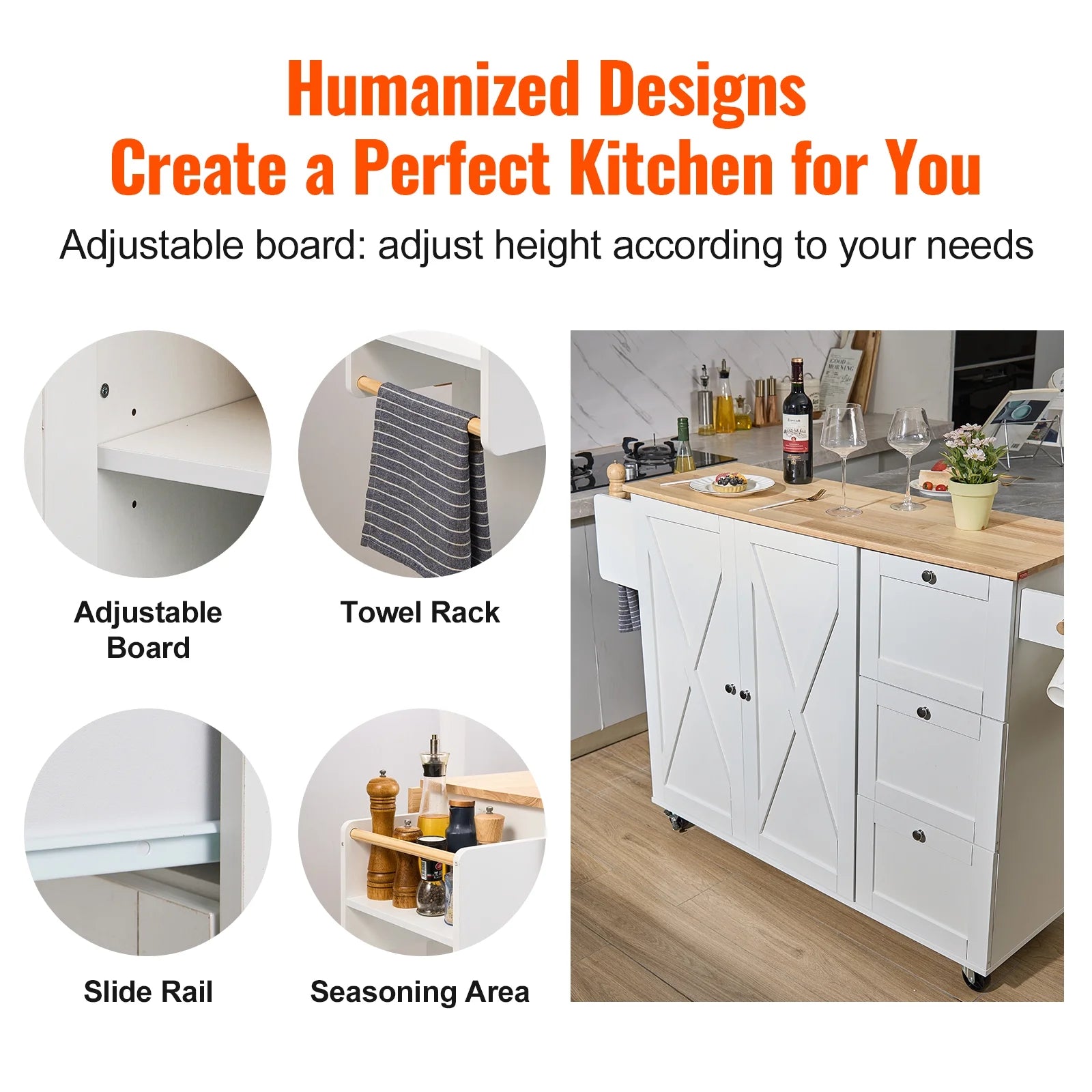 BENTISM 45.3-Inch Multifunctional Kitchen Island with Convenient Drawer and Adjustable Rack in Elegant White Finish