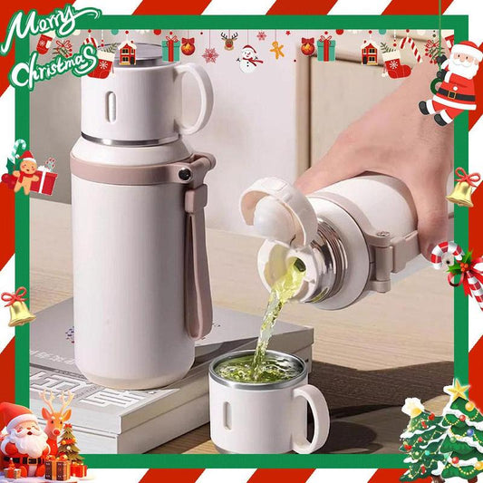 Stainless Steel Vacuum Flask, 1 Count Tea Separation Insulated Bottle with Cup Lid & Rope, Drinking Cup for Outdoor, Cycling, Hiking, Office
