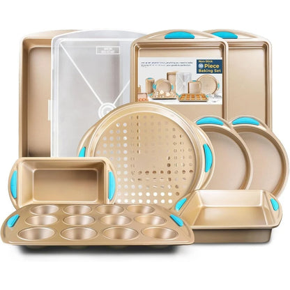 Baking Pan 10 Piece Set Nonstick Gold Steel Oven Bakeware Kitchen Set with Silicone Handles, Cookie Sheets, Round Cake Pans