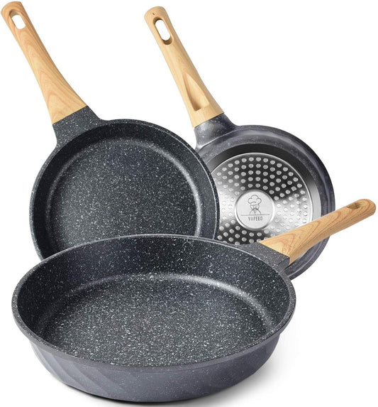 Granite Nonstick Induction Frying Pan Set with Heat-Resistant Handle - Ideal Christmas Gift for Women (8", 9.5", & 11")