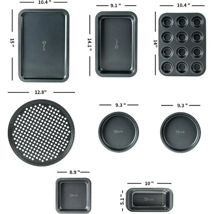 Baking Pan 8 Piece Set Nonstick Carbon Steel Gray Oven Safe Bakeware Kitchen Set, Cookie Sheet, 2 Round Cake Pans, Square Pan,