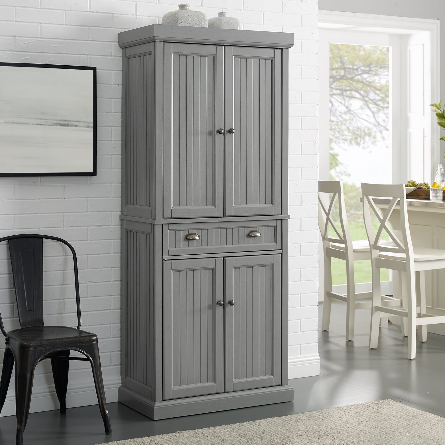 Crosley Furniture Seaside Coastal Pantry with Distressed Gray and Gold Finish