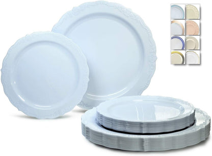 120-Count Verona Blue Vintage Wedding Party Disposable Plastic Plates Set for 60 Guests - Featuring 60 Dinner Plates (10") and 60 Salad/Dessert Plates (7.5")