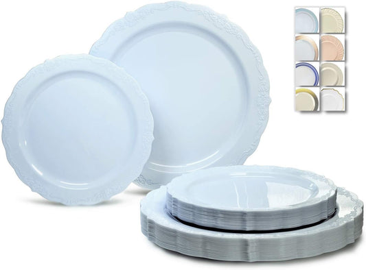 120-Count Verona Blue Vintage Wedding Party Disposable Plastic Plates Set for 60 Guests - Featuring 60 Dinner Plates (10") and 60 Salad/Dessert Plates (7.5")