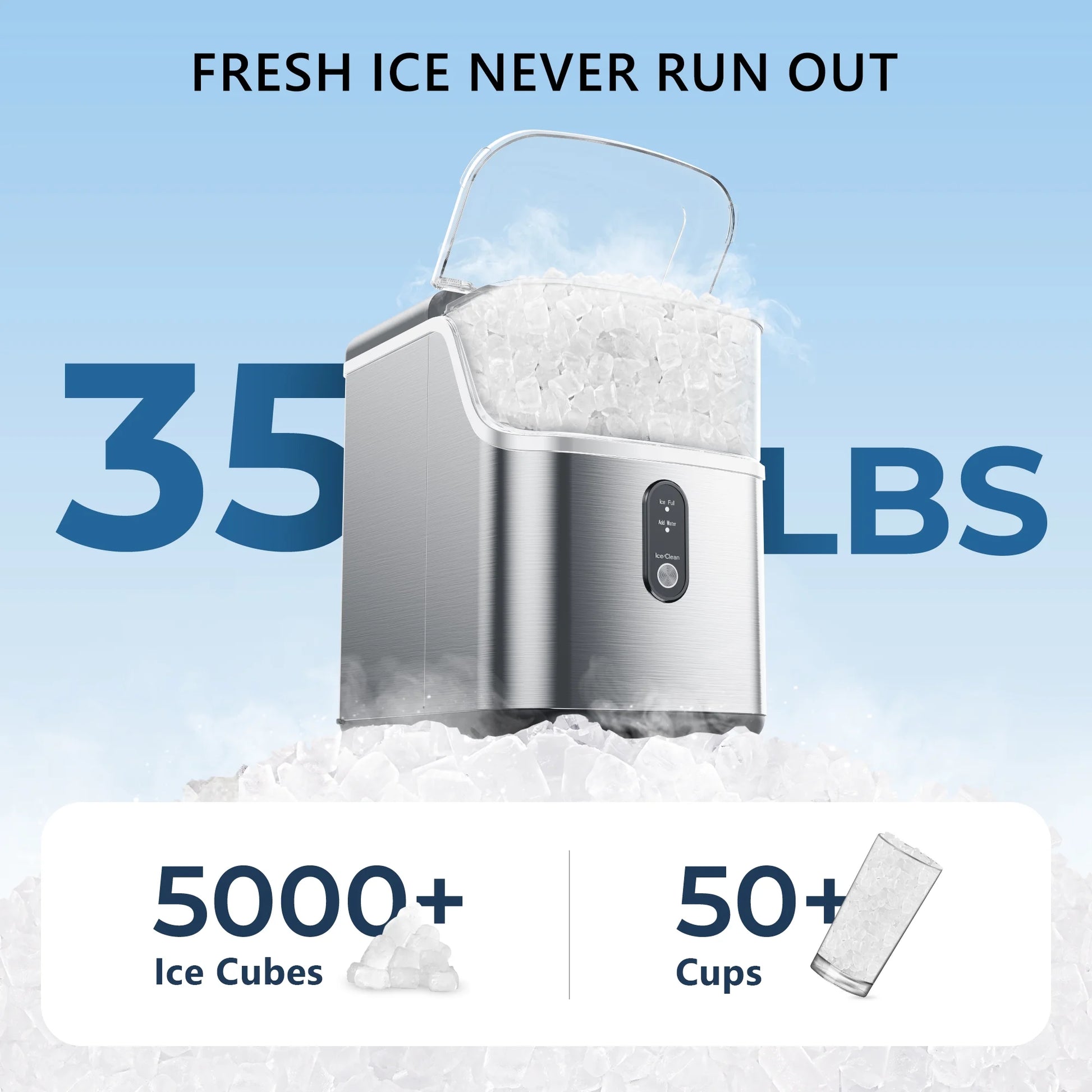 Simzlife Nugget Ice Maker Countertop, Portable Ice Maker Machine with Self-Cleaning Function, 35Lbs/Day, Soft Chewable Pellet Ice, Silver