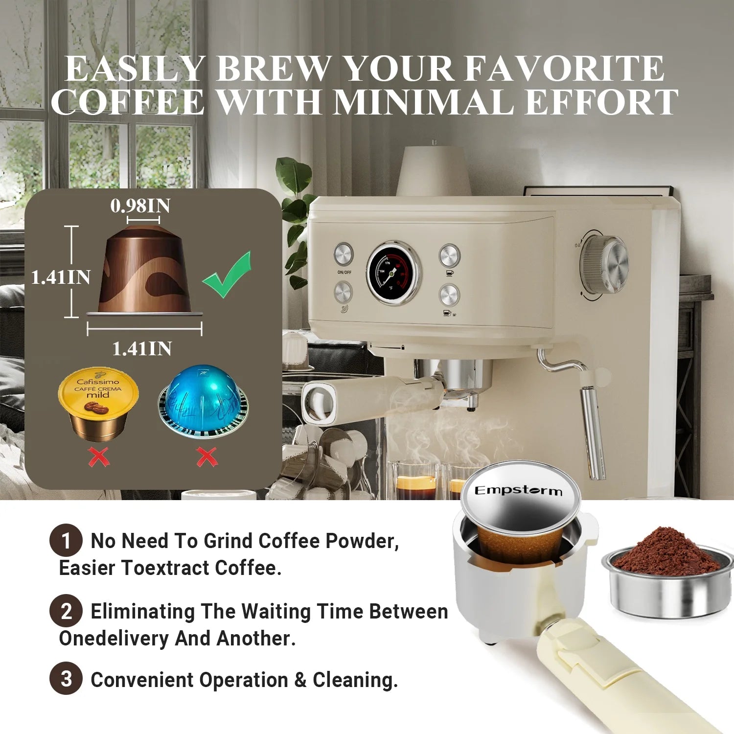 Empstorm 20-Bar Espresso Machine: 2-in-1 Cappuccino Maker with Milk Frother Steam Wand, Compatible with NS Original Capsules for Home and Commercial Use, Beige
