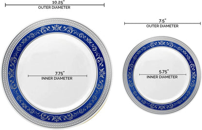 Elegant Disposable Plastic Plates - 240 Count, 120 Heavy-Duty Dinner Plates & 120 Dessert/Salad/Appetizer Plates, White with Blue & Silver Royal Rim, Ideal for Weddings, Birthday Parties & All Occasions