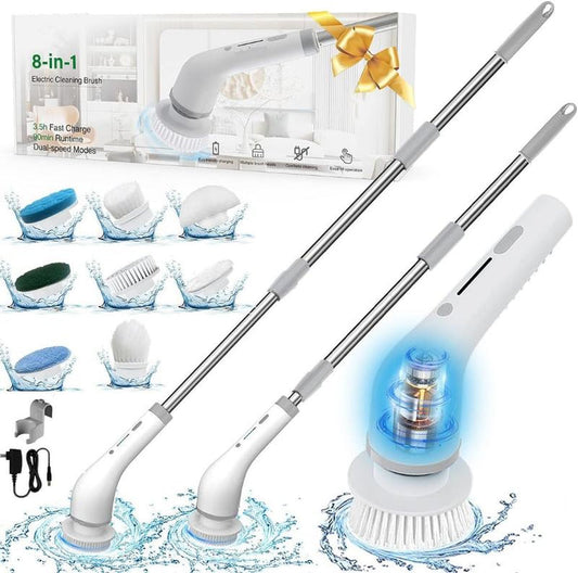 8-in-1 Electric Spin Bathroom Scrubber with Holder and Charger, Long Handle Cleaning Brush for Kitchen and Floor Maintenance