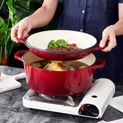 Bruntmor 2-in-1 Enamel Cast Iron Dutch Oven with Skillet Lid - 7 Quart Red Cookware for Casseroles and Braising