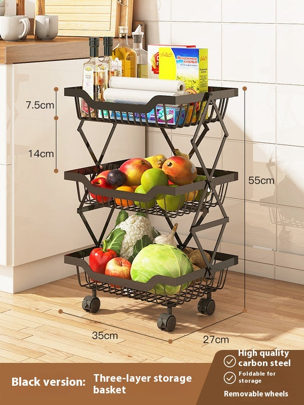 Color: Black, Layers: 3Layer - Kitchen Storage Rack Floor Folding Multi-layer Gap Vegetable Fruit Basket Storage