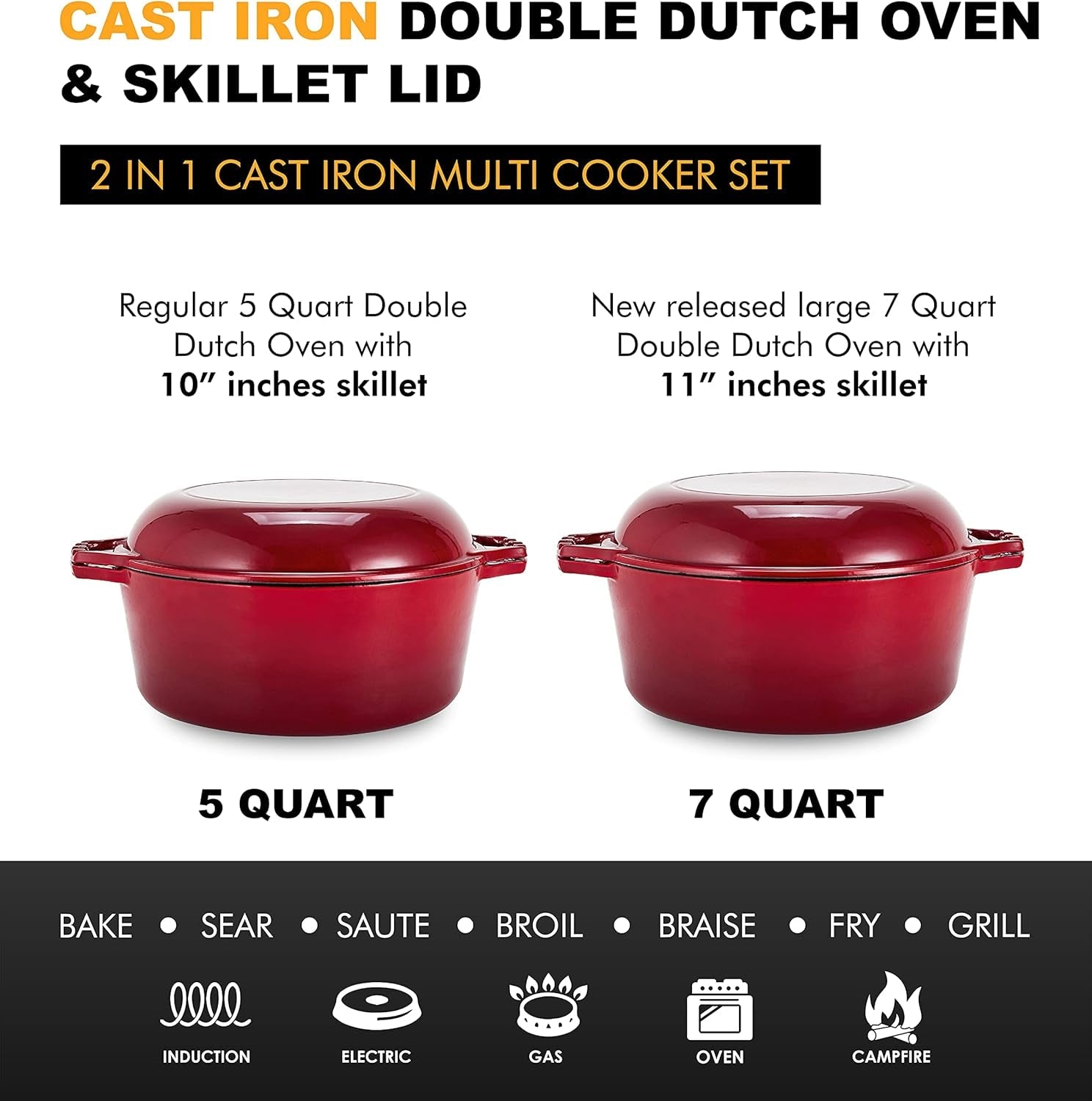 Bruntmor 2-in-1 Enamel Cast Iron Dutch Oven with Skillet Lid - 7 Quart Red Cookware for Casseroles and Braising