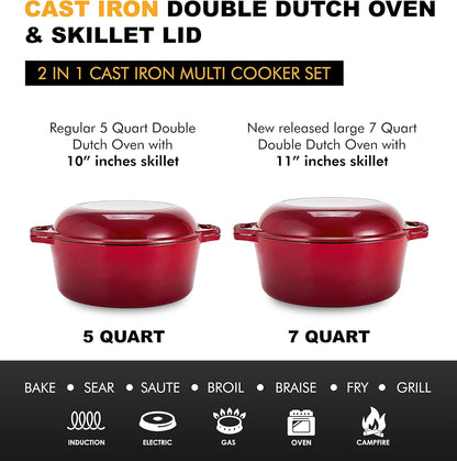 Bruntmor 2-in-1 Enamel Cast Iron Dutch Oven with Skillet Lid - 7 Quart Red Cookware for Casseroles and Braising