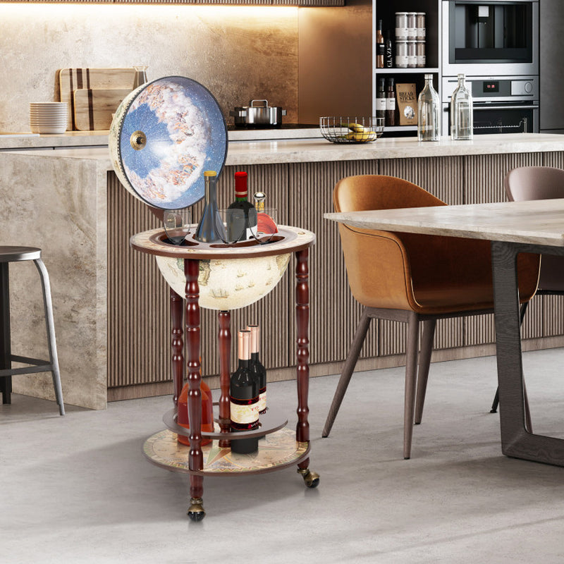17-Inch Italian-Style Wooden Globe Liquor Bottle and Wine Rack with Wheels