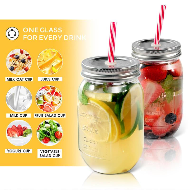 Mason Jars Wide Mouth with Lid,Container Clear Glass Bottle,Juice Container,Glass Bottle with Straw,Kitchen Utensils,6 Count Canister Tin,Two Styles Transparent Oval