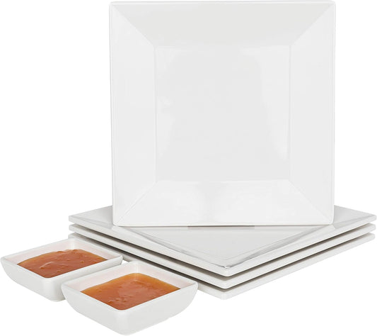 4-Pack of 10" x 10" White Square Melamine Plates - Durable and Elegant Dinnerware Set with Sauce Dish