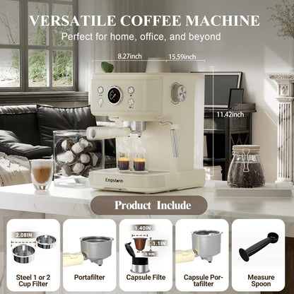 Empstorm 20-Bar Espresso Machine: 2-in-1 Cappuccino Maker with Milk Frother Steam Wand, Compatible with NS Original Capsules for Home and Commercial Use, Beige