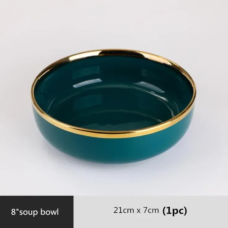 Gilt Rim Green Ceramic Plate Steak Food Plates Bowls Ins Dinner Dish Luxurious Porcelain Dinnerware Set for Family Hotel