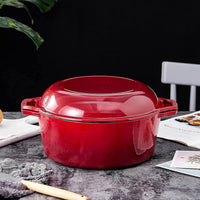 Bruntmor 2-in-1 Enamel Cast Iron Dutch Oven with Skillet Lid - 7 Quart Red Cookware for Casseroles and Braising