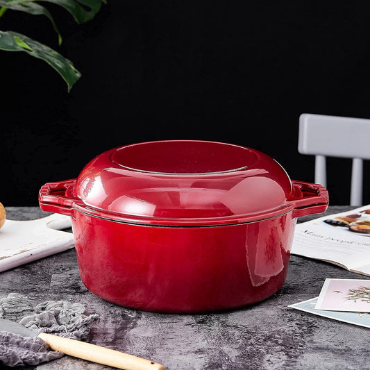 Bruntmor 2-in-1 Enamel Cast Iron Dutch Oven with Skillet Lid - 7 Quart Red Cookware for Casseroles and Braising